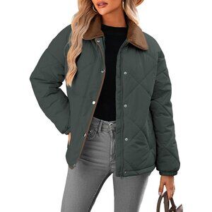 Women's Mist Green Puffer Jackets Coats Long Sleeve Winter Warm Button Outerwear